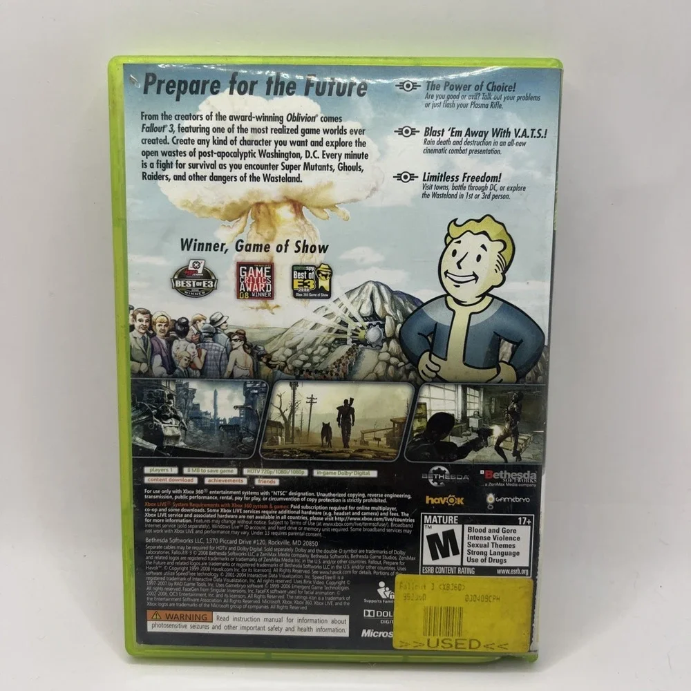 Fallout 3 (Microsoft Xbox 360, 2008) Complete with Manual